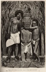 Ein Bewohner der Insel Hiva-Oa und sein Sohn, umgeben von einem geschnitzten Holzidol, das den Gott Tiki darstellt, im Archipel der Marquesas-Inseln, graviert nach einer Zeichnung von A. Rixens zur Illustration der Erinnerungen an den Pazifik, 1872-1874, v