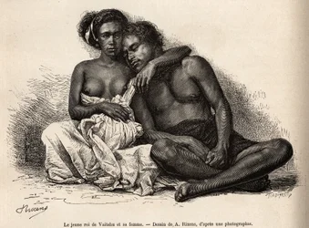 Der junge König von Vaitatu, auf der Insel Tauata, im Archipel der Marquesas-Inseln, umarmt seine Frau, graviert nach einer Zeichnung von A. Rixens zur Illustration der Erinnerungen an den Pazifik, 1872-1874, von A. Pailhes, einem Schiffsoffizier