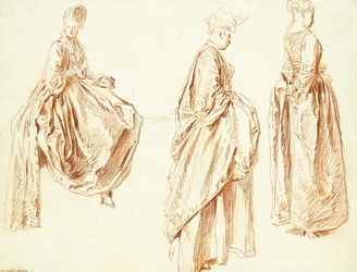 Drei Damen im Profil nach rechts, eine sitzend, ca. 1713-14