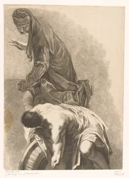 Stehende Figur neben einem vornübergebeugten Mann mit entblößtem Oberkörper