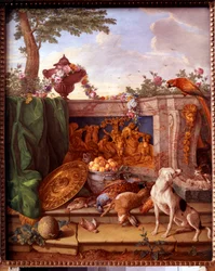 Plakette, die die Jagden von Ludwig XVI. darstellt: Detail, das einen Hund zeigt, der Wild bewacht