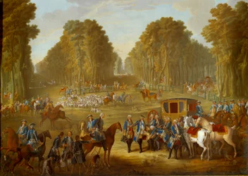 Tafel, die die Jagden von Ludwig XVI. darstellt: Das Treffen an der Kreuzung des Brunnens des Königs im Wald von Compiègne. Gemälde auf weichem Porzellan von Nicolas Pierre Pithou l