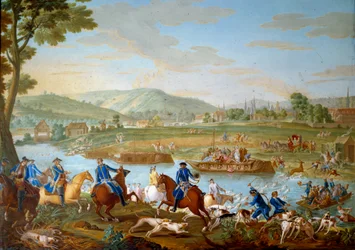 Plakette, die die Jagden von Ludwig XVI. darstellt: Der Hirsch überquert die Oise von der Küste von Royallieu in Sichtweite der Stadt Compiegne.