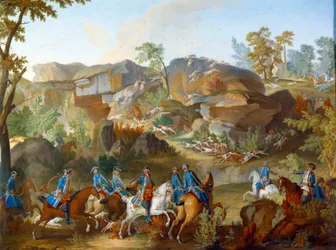 Plakette, die die Jagden von Ludwig XVI. darstellt: Der Hirsch, der sich in den Felsen von Frauchard im Wald von Compiègne den Hunden stellt