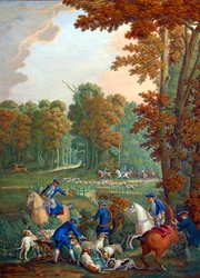 Tafel, die die Jagden von Ludwig XVI. darstellt: die Rast am Kreuzungspunkt der Umarmung im Wald von Compiègne oder Diener, der das alte Rudel entkoppelt. Porzellanmalerei von Charles Etienne Leguay (1762-1846) nach Jean Baptiste Oudry (1686-1755).