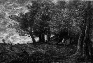 Holzfäller (1870-1871). Gravur nach dem Gemälde von Jean Baptiste Camille Corot (1796-1875) in „Die illustrierte Welt“ Nr. 1209 vom 29. Mai