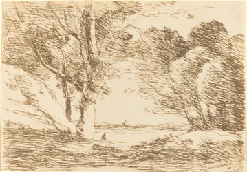 Turm am Horizont eines Sees