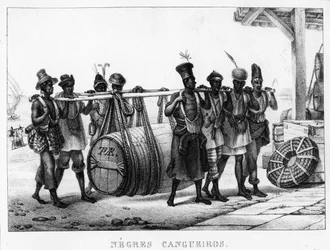 „Schwarze Cangueiros“ - Schwarze Träger transportieren ein Fass, gestochen von Thierry Frères (tätig 1827-45), 1835