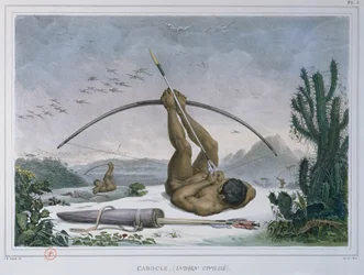 Caboclo-Indianer bei der Vogeljagd mit Pfeil und Bogen, aus Voyage Pittoresque et Historique au Brésil, veröffentlicht 1839
