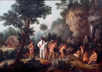 Sklaverei: „Sklavenjagd“. Indianische Familien (aus Brasilien?) werden von Sklavenhändlern gefangen genommen. Museum von São Paulo, Brasilien.
