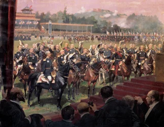 Die Verteilung der Flaggen in Longchamp durch Präsident Jules Grevy in Anwesenheit von Leon Gambetta am 14. Juli