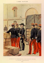 Typen und Uniformen der französischen Armee von Hauptmann Jules Richard, illustriert von Edouard Detaille: Verwaltungscontroller, stellvertretender Militärintendant und Verwaltungsbeamte 1887