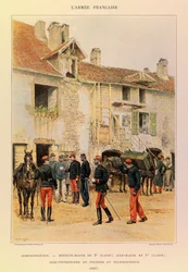 Typen und Uniformen der französischen Armee von Kapitän Jules Richard, illustriert von Edouard Detaille: Verwaltung: Medizinalmajor der 2. Klasse; Aide Major der 1. Klasse; Veterinäraide und Telegrafist 1887, Privatbesitz