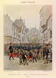 Typen und Uniformen der französischen Armee von Hauptmann Jules Richard, illustriert von Edouard Detaille: Linieninfanterie: Ankunft auf der Bühne während der großen Manöver 1885, Private Sammlung