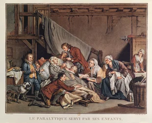 Der gelähmte Mann, dem seine Kinder helfen, graviert von Alix, um 1800