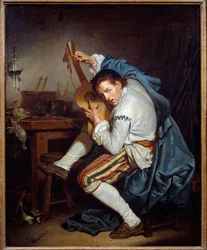 Der Gitarrist, oder ein Vogel, der nach der Jagd seine Gitarre stimmt. Gemälde von Jean Baptiste Greuze (1725-1805) 18. Jahrhundert Nantes, Musée des Beaux-Arts