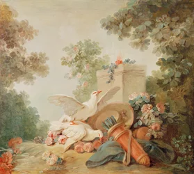 Salon des Druckers Gilles Demarteau, über der Tür: Tauben, ein Köcher und ein Strohhut, ca. 1750-65