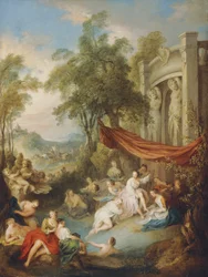 Nymphen baden an einem Pool bei einer Loggia