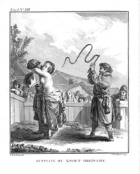 Bestrafung von Natalia Fjodorowna Lopuchina mit einer gewöhnlichen Knute. Aus „Voyage en Sibérie“, 1766