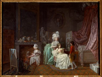 Familienfrisur im privaten Schlafzimmer, die Mutter wärmt ihre Tochter, die liest. Eine andere spielt mit dem Hund