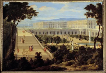 Ansicht der Orangerie, der Treppe der Cent-Marches und des Schlosses Versailles um 1695. Gemälde, Jean-Baptiste Martin dem Älteren (1659-1735) zugeschrieben, 1695. Maße: 1,15 x 1,65 m
