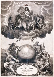 Porträt von Ludwig XIV., fliegend über einem Globus, Titelseite