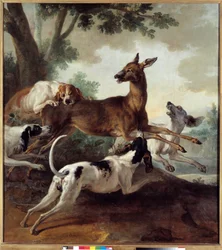 Hirsche von Hunden gejagt. Jagdszene