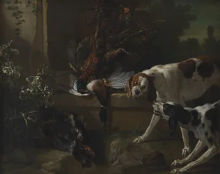 Hunde mit Wildvögeln und Wild