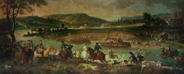 Hirschjagd in der Oise in Sichtweite von Compiègne, nahe Royallieu, 1737