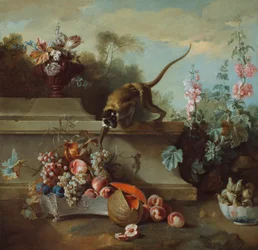 Stillleben mit Affe, Früchten und Blumen