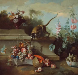 Stillleben mit Affe, Früchten und Blumen