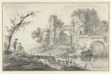 Ruine an einem Fluss mit zwei Bauern