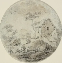 Wassermühle mit Figuren am Fluss