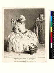 Kleines Mädchen mit ihrem Mittagessen (La Petite Fille aux Cerises) graviert von Charles Nicolas Cochin I (1688-1754) 1738