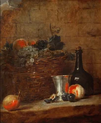 Obstkorb mit Trauben, einem Silberkelch und einer Flasche, Pfirsiche, Pflaumen und eine Birne
