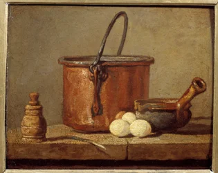 Küchenutensilien, Kessel, Pfanne und Eier, Gemälde von Jean Baptiste Simeon Chardin (1699-1779) 18. Jahrhundert