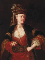 Eine Dame, dreiviertel Länge, in orientalischem Kostüm