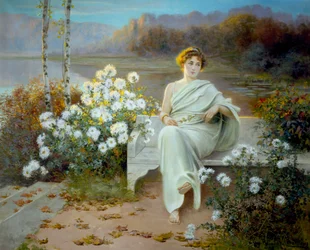 Antikes Rom: "Reverie" Eine junge Frau sitzt auf einer Bank in einem blühenden Garten, in Gedanken versunken. Gemälde von Jean Beauduin (1851-1916), 1901.