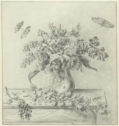 Stillleben mit Blumenarrangement, Früchten und Insekten