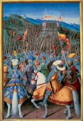 Italienische Kriege: König Ludwig XII. (1462-1515) griff 1507 Genua mit seinen Truppen an. Miniatur aus „Le voyage de Genes“ von Jean Marot (1450-1526), illuminiert von Jean Bourdichon (1457-1521) 1510 Paris, B.N.