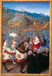 Louis XII (1462-1515) empfängt sechs Bürger von Genua kniend (25. April 1507). Miniatur von Jean Bourdichon (1457? - 1521) in „Reise nach Genua“ (Folio 20v) geschrieben von Jean Marot, ca. 1508. Paris, B N