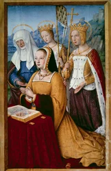 Porträt von Anne von Bretagne (1477-1514), Königin von Frankreich, im Gebet mit ihrer heiligen Schutzpatronin St. Anne, St. Helene und St. Ursula Miniatur aus „Die großen Stunden von Anne von Bretagne“ von Jean Bourdichon (1457-1521) 1503-1508. Paris, B.N.