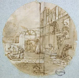 Die Werkstatt des Maurers, Plattendesign für ein Service, das verschiedene Berufe darstellt, um 1820-35