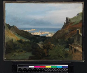 Italienische Landschaft mit Blick auf einen Hafen, vor 1875