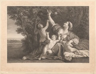 Mutter mit Kind an der Brust, während sie Granatäpfel für ihre Kinder pflückt (La charité humaine)