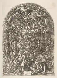 Der Drache mit zwei Hörnern und das Tier mit sieben Köpfen, aus der Apokalypse