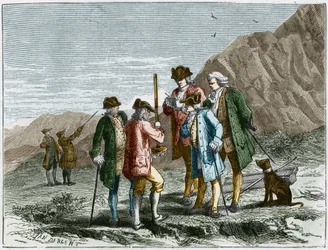 Florin Perier misst die Höhe des Barometers (Quecksilberrohr) von Evangelista Torricelli oder Toricelli während des Experiments zur Schwerkraft der Luft von Blaise Pascal, auf dem Gipfel des Puy de Dome (1648). Gravur von Yan Dargent.