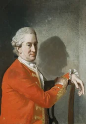 Porträt von James Hamilton, 2. Earl of Clanbrassil, als Halbfigur in einem roten Mantel, auf einem Mahagonistuhl sitzend, sein Profil als Schatten auf die Wand hinter ihm geworfen, 1774
