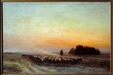 Schafherde im Staub. Gemälde von Jean Ferdinand Chaigneau (1830-1906)