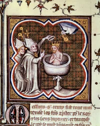 Taufe von Clovis (466-511) durch Saint Remy (Saint Remi) in Reims im Jahr 496: der Heilige Geist bringt die heilige Ampulle mit dem heiligen Chrisam, der für die Salbung der Könige verwendet wird. Miniatur in „Grandes Chroniques de France“ von Jean Fouquet